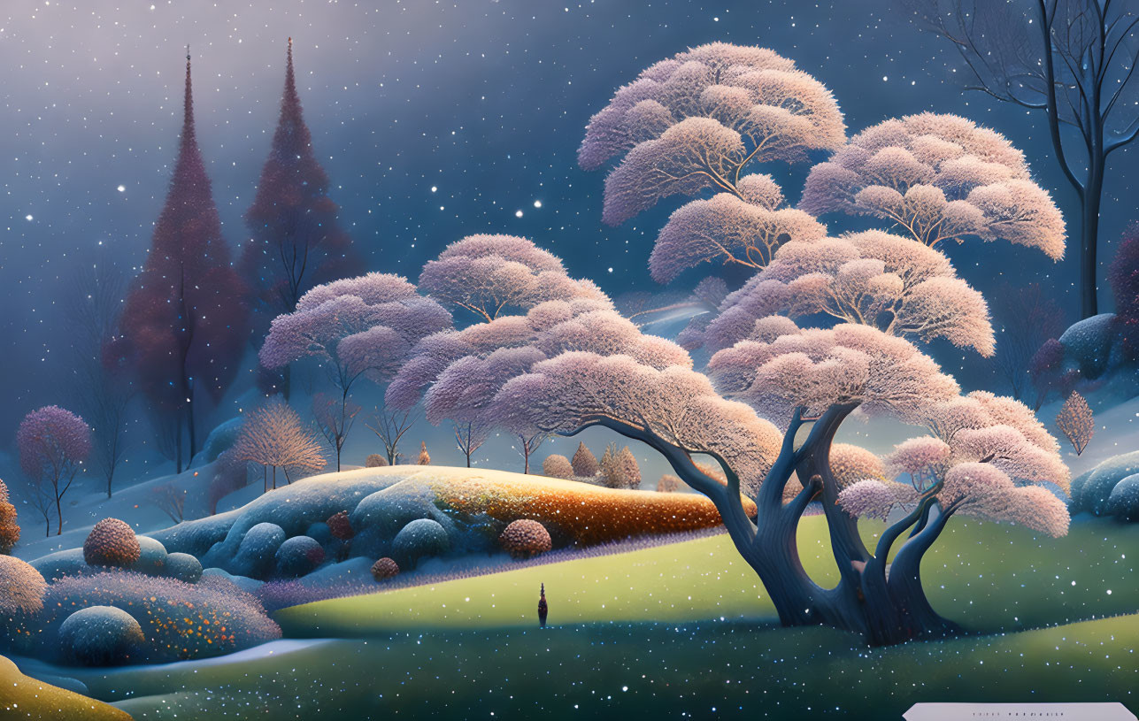 Snow-dusted trees and glowing flora in tranquil night landscape