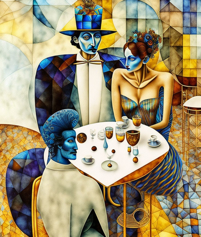 Colorful Cubist-Style Image of Three Figures at Table