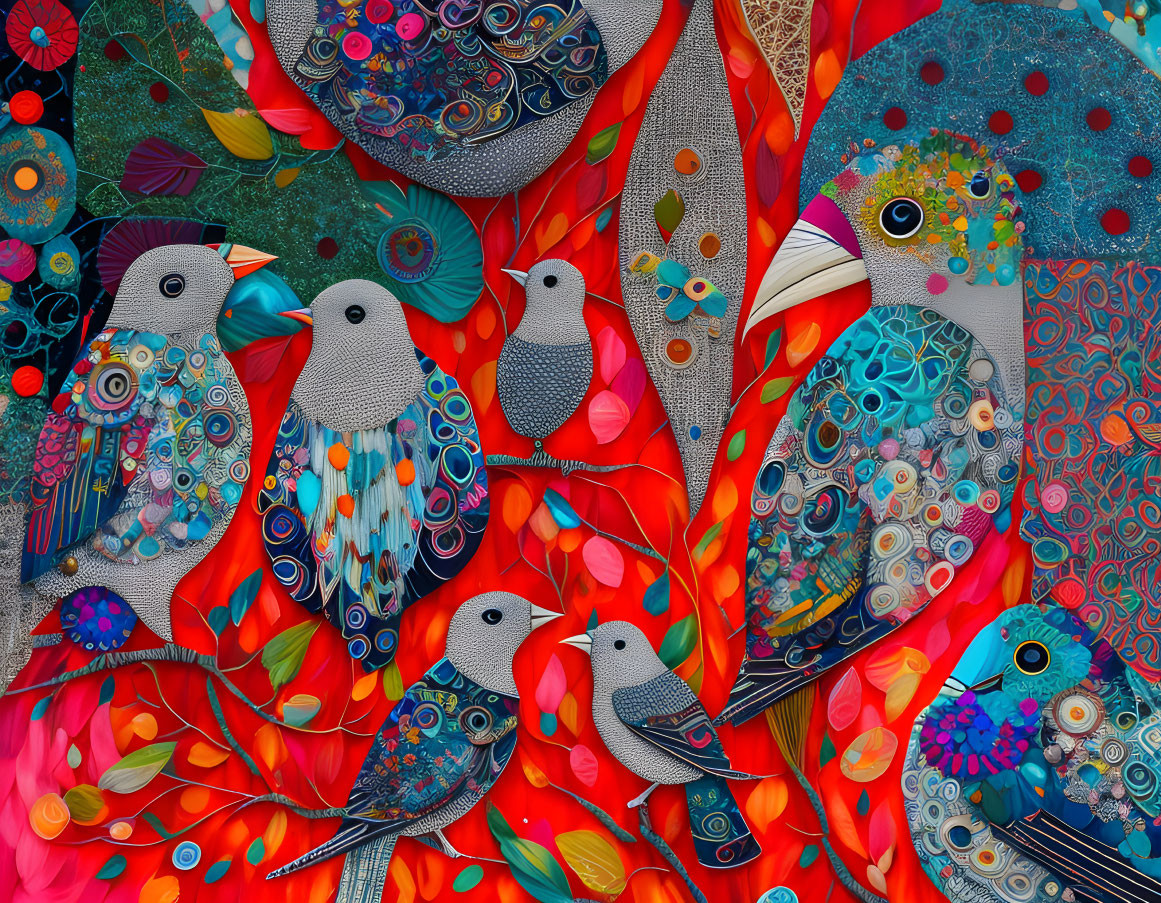 Colorful bird and floral pattern design in vibrant hues.