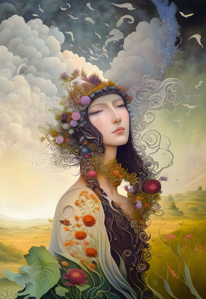 Woman portrait with nature elements and dreamy landscape integration