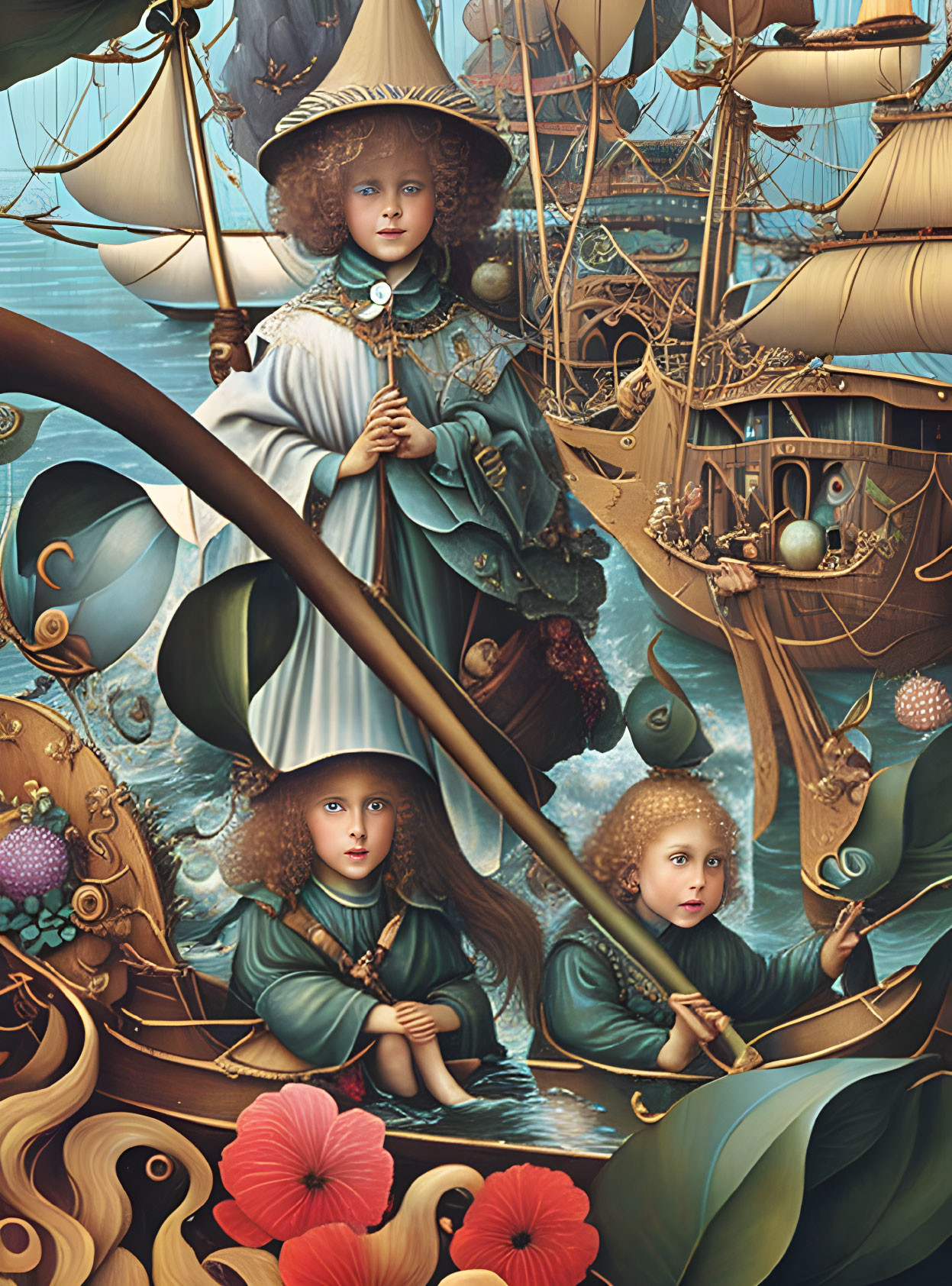 Surreal Renaissance-style children on wooden ship in fantastical sea