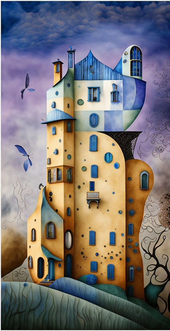 Whimsical multi-tiered building with surreal windows and chimneys