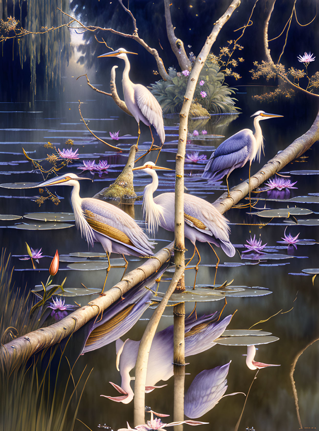 Tranquil pond scene with herons and lilies in serene reflection