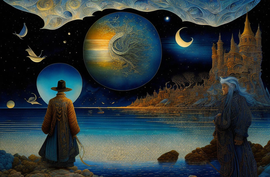 Fantastical scene: Two robed figures, cosmic orb, shimmering lake