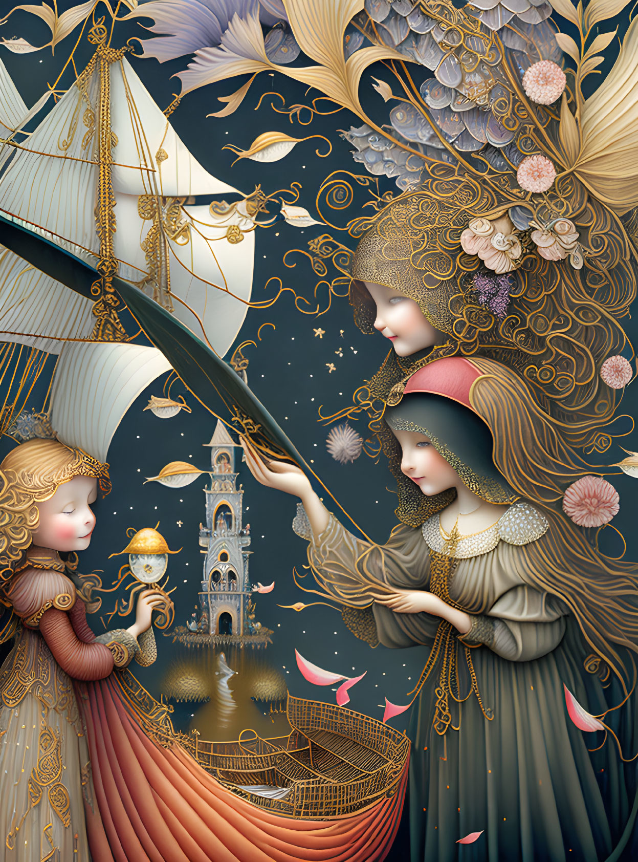 Detailed Illustration of Angelic Figures with Goblet and Tower