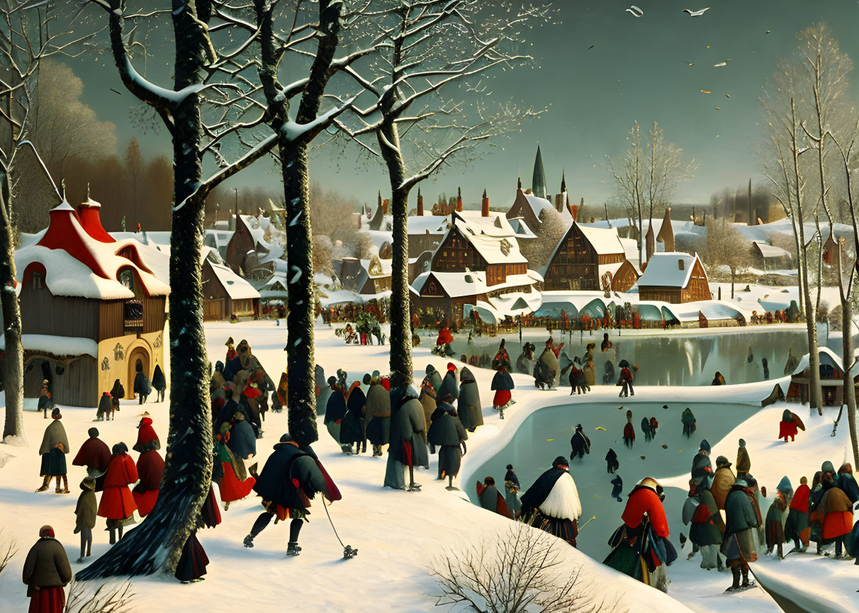 Winter village scene: ice skating, socializing, snow-covered houses, frozen pond