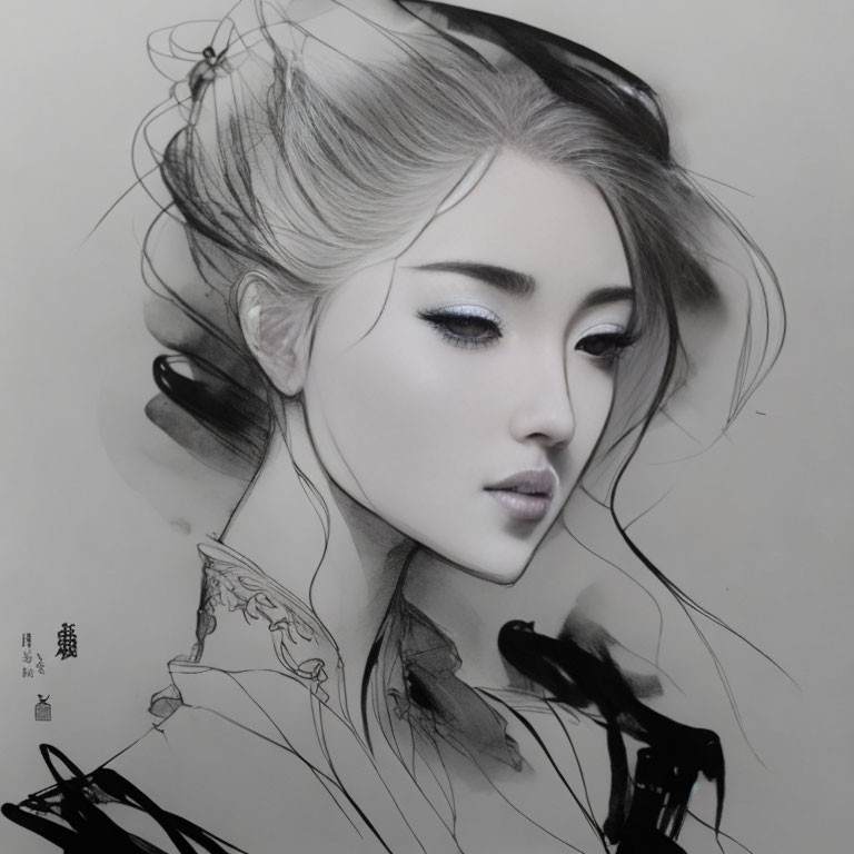 Detailed monochrome sketch of young woman with flowing hair and expressive eyes.