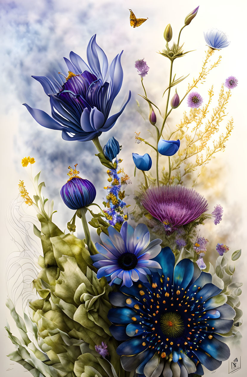 Colorful digital painting: Blue and purple flowers with butterflies on cloudy sky.