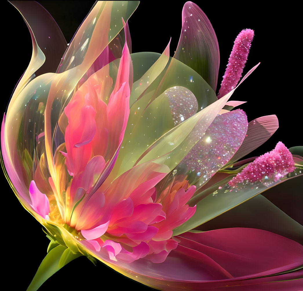 Colorful digital artwork: stylized bouquet with glowing, translucent petals on dark background