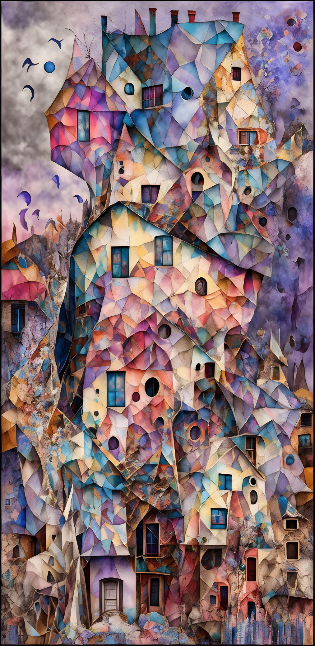 Colorful abstract art: geometric building with whimsical shapes & dreamy clouds