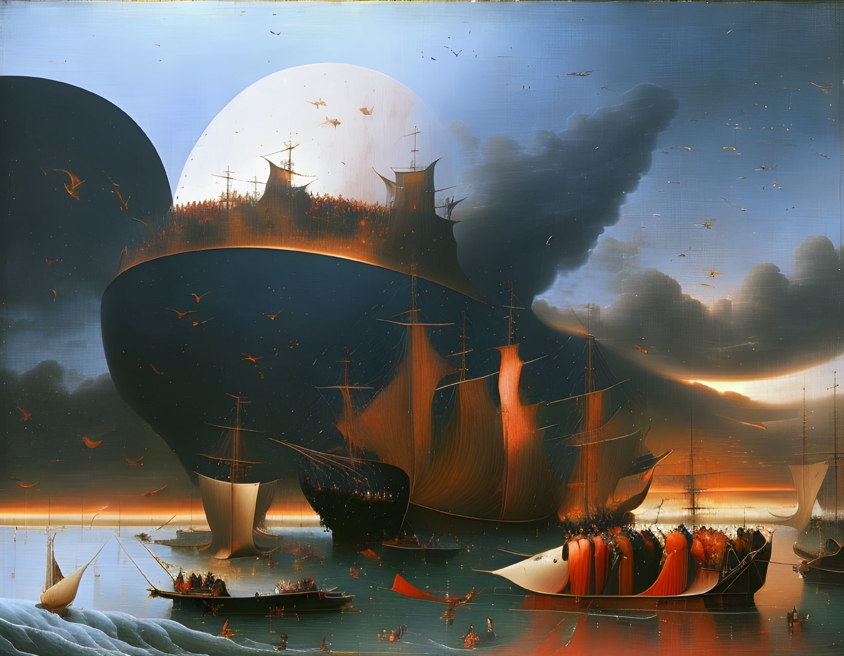 Surreal painting: Sailing ships with fish-like hulls, moon, calm sea, fiery