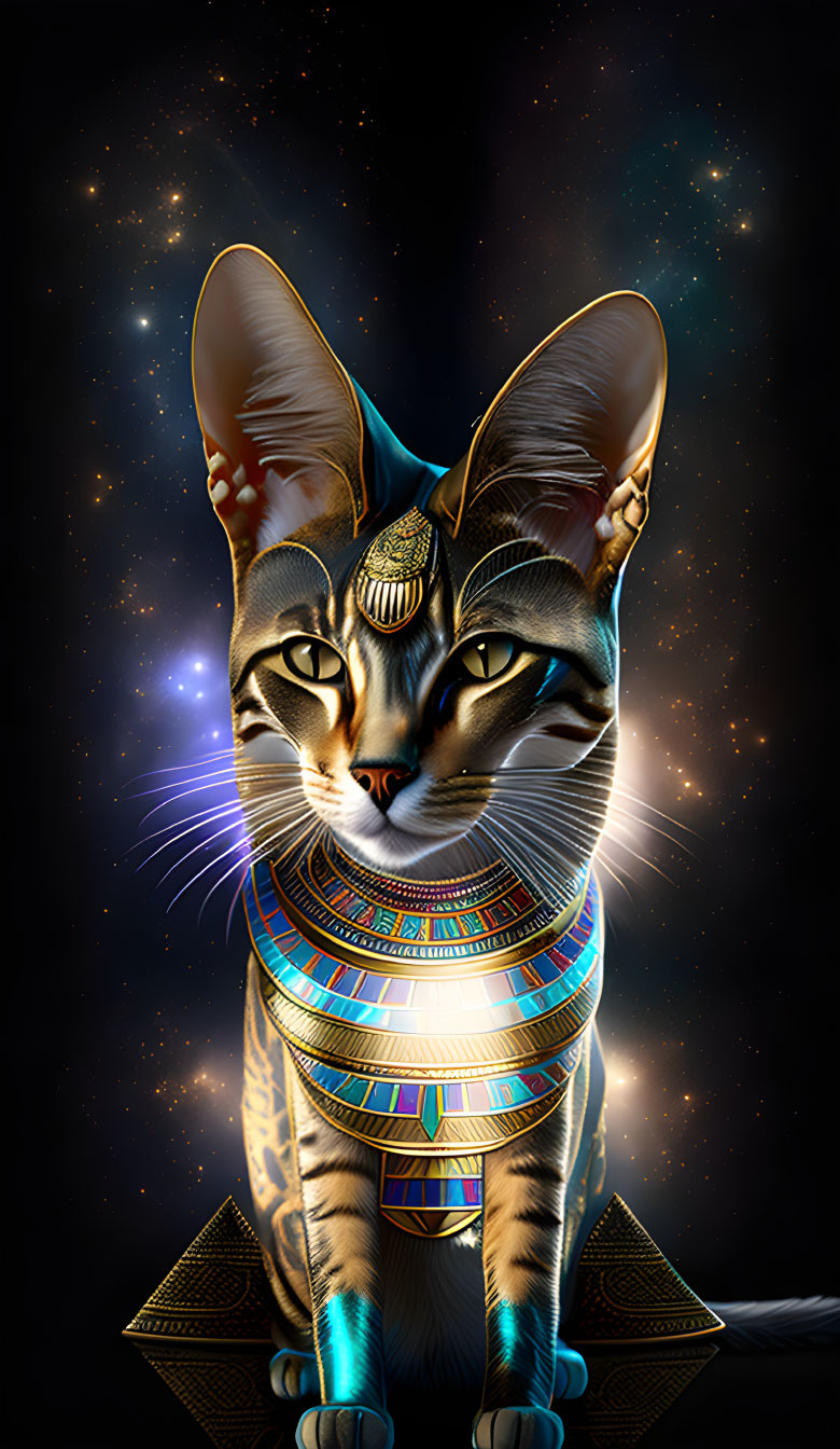 Cat with Egyptian Adornments on Pyramid Under Starry Sky