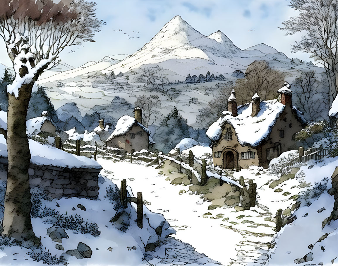 Snowy village scene with thatched cottages, cobblestone path, bare trees, and mountains