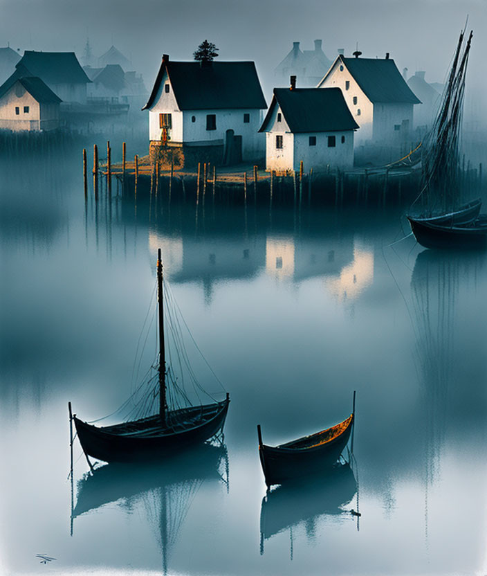 Tranquil waterfront with three boats and pier houses in misty blue haze