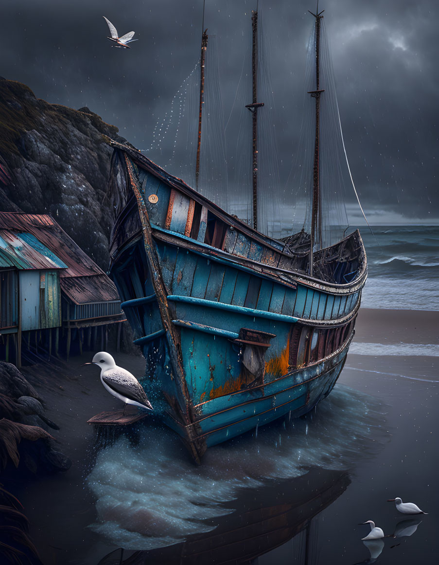 Blue shipwreck on stormy beach with shanty huts and seagulls under dark