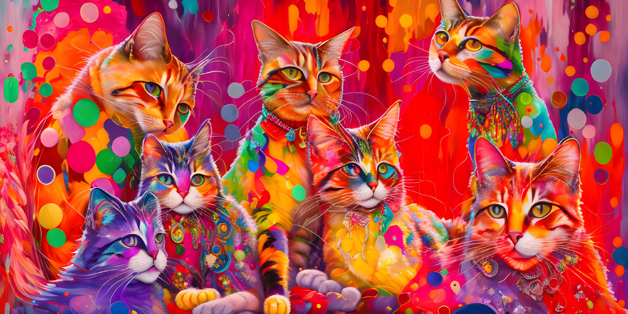 Colorful psychedelic cats on vibrant backdrop