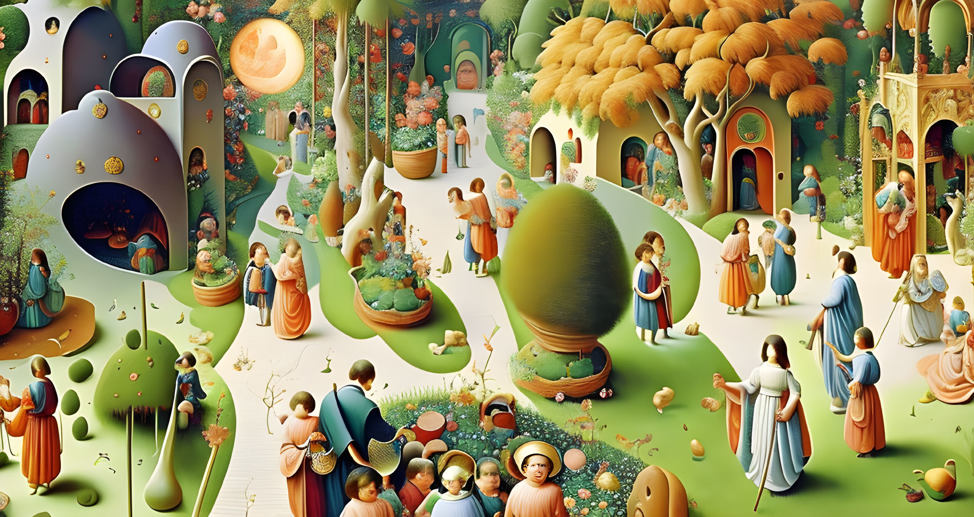 Whimsical landscape with period dress people and round houses