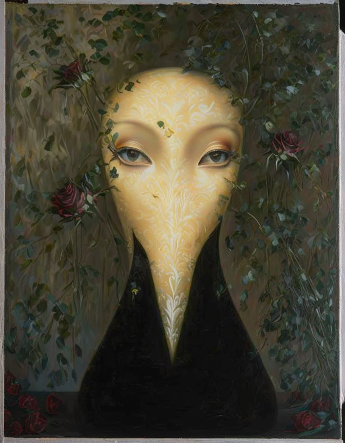 Surreal portrait featuring elongated yellow face in dark foliage