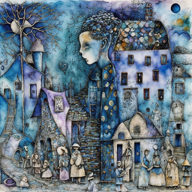 Whimsical blue-toned village with surreal woman's profile - circular motifs, tiny figures, and