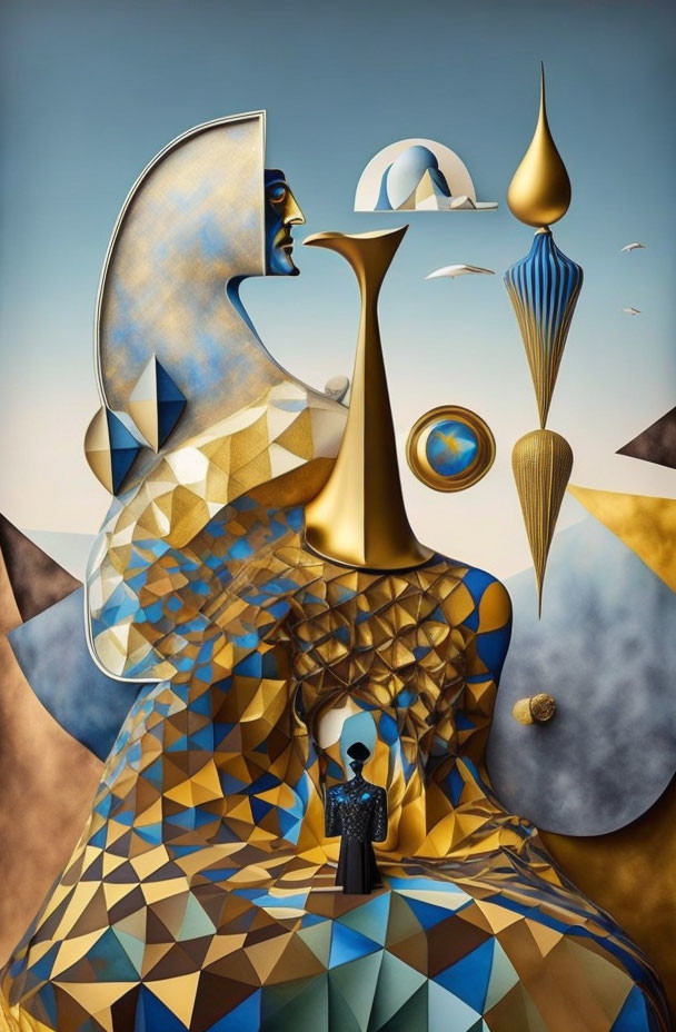 Digital artwork: Geometric shapes, figure in dress, surreal profile face.