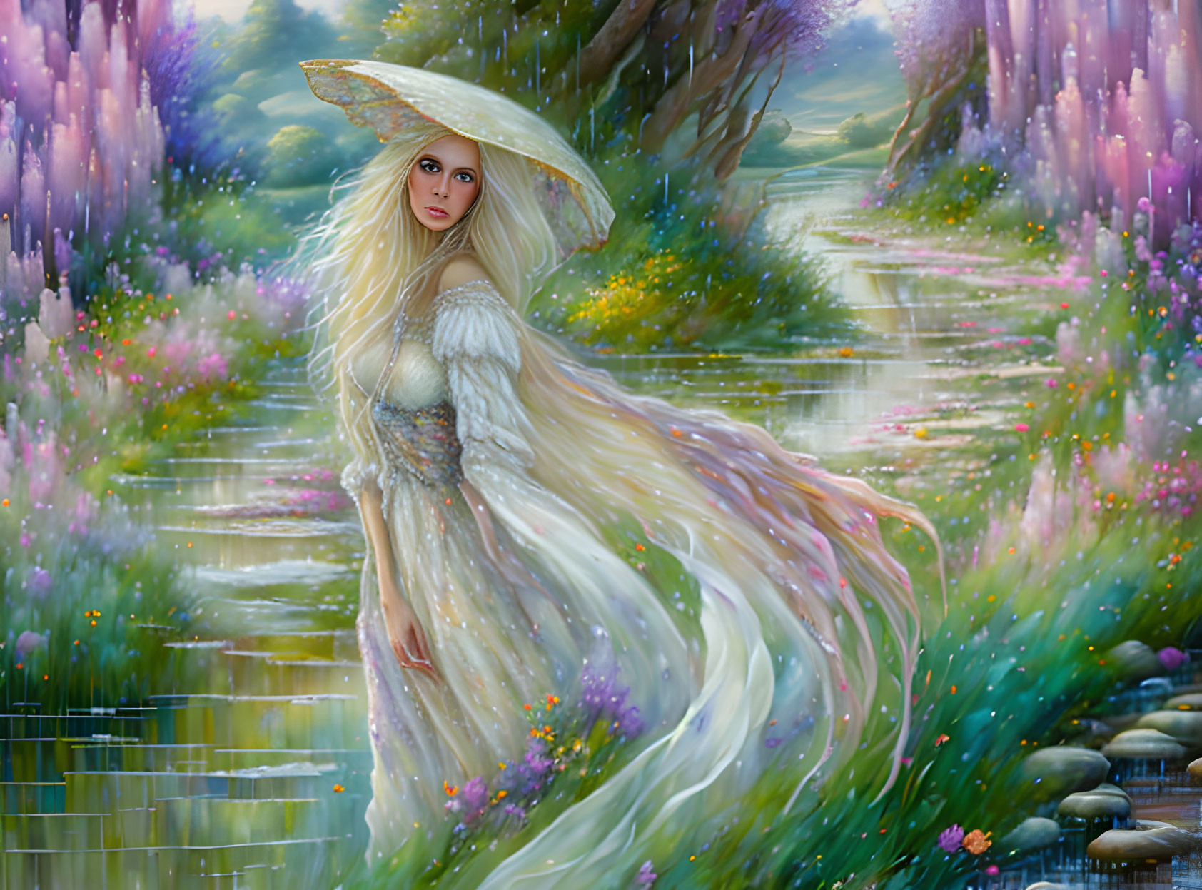 Blonde woman in wide-brimmed hat in flower-filled landscape