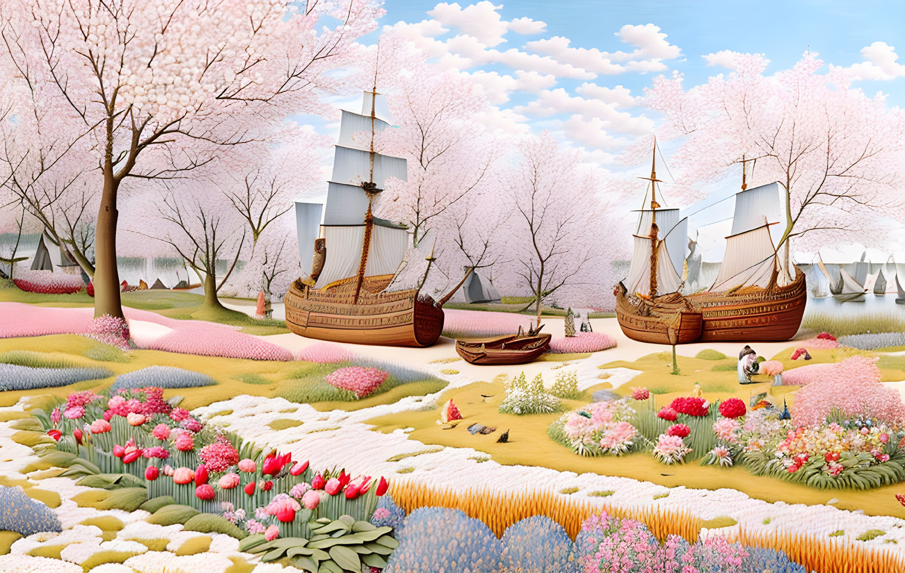 Vibrant flowerbeds and cherry blossoms in idyllic landscape with old sailing ships.