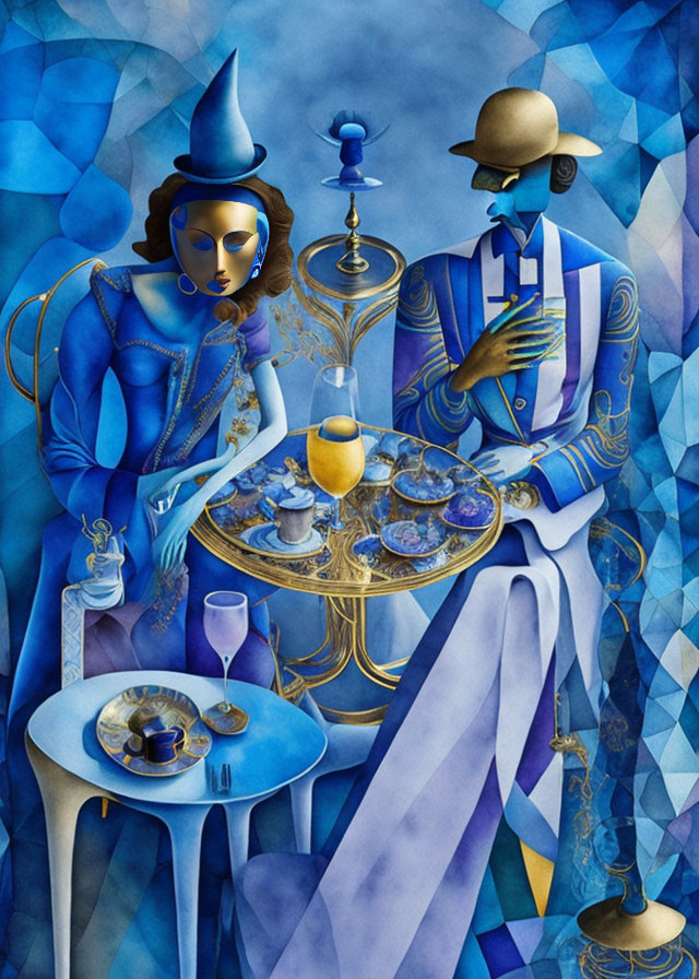 Surrealist blue-toned artwork of two elongated figures at a lavish table