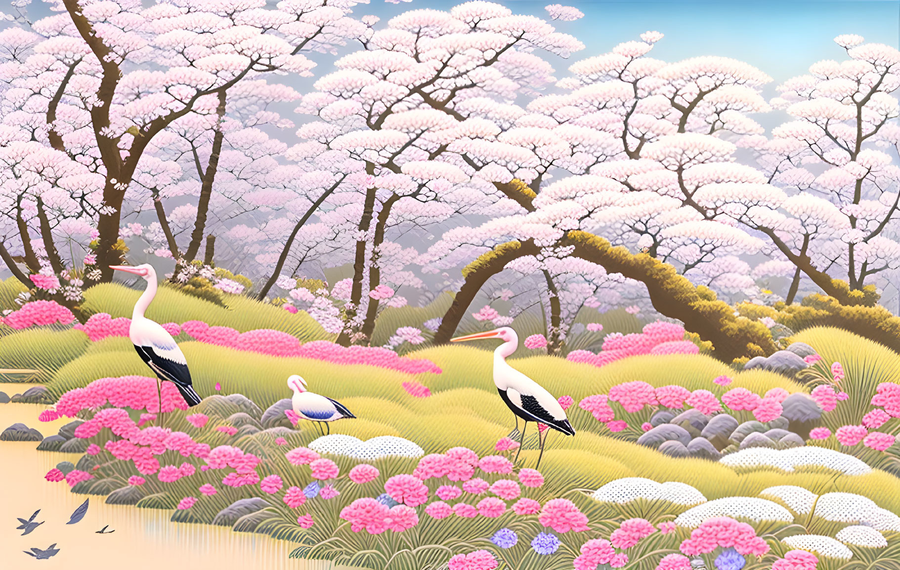 Colorful Spring Scene: Cherry Blossoms, Storks, Blooming Flowers & Pastel Sky