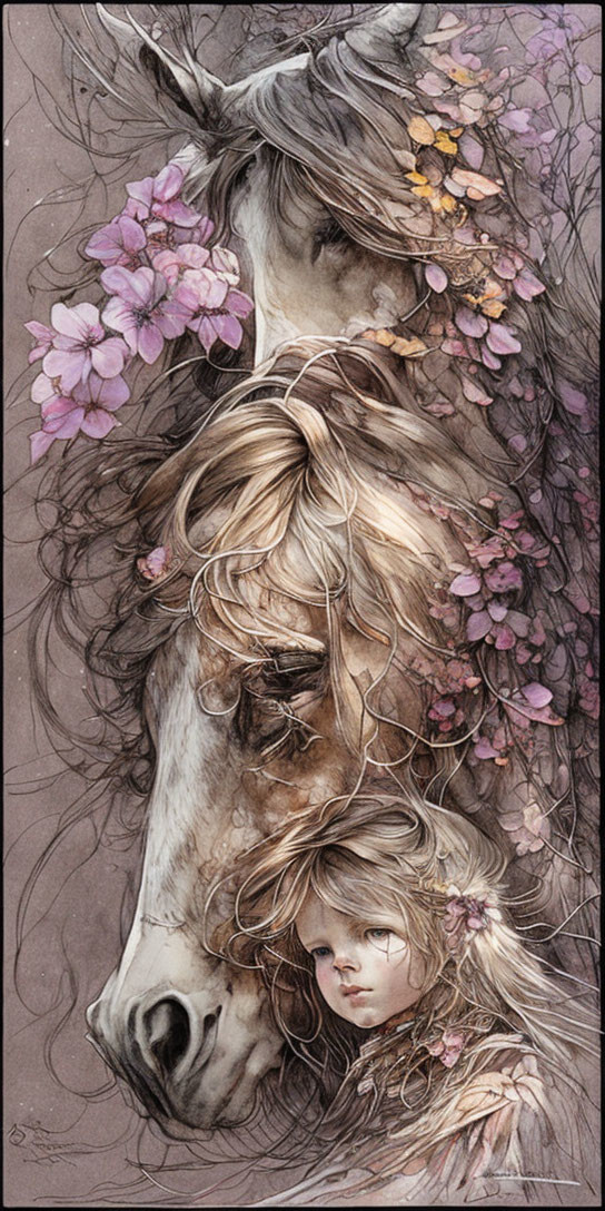 Ethereal girl in horse's mane surrounded by pink blossoms