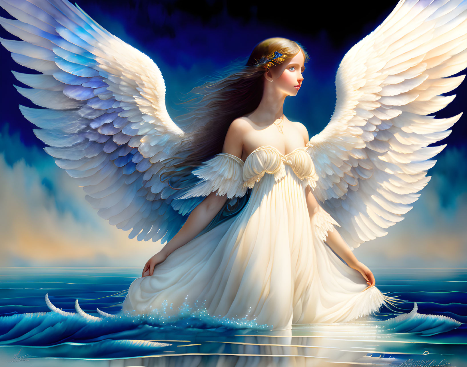 Graceful angel with white wings on calm water under blue sky