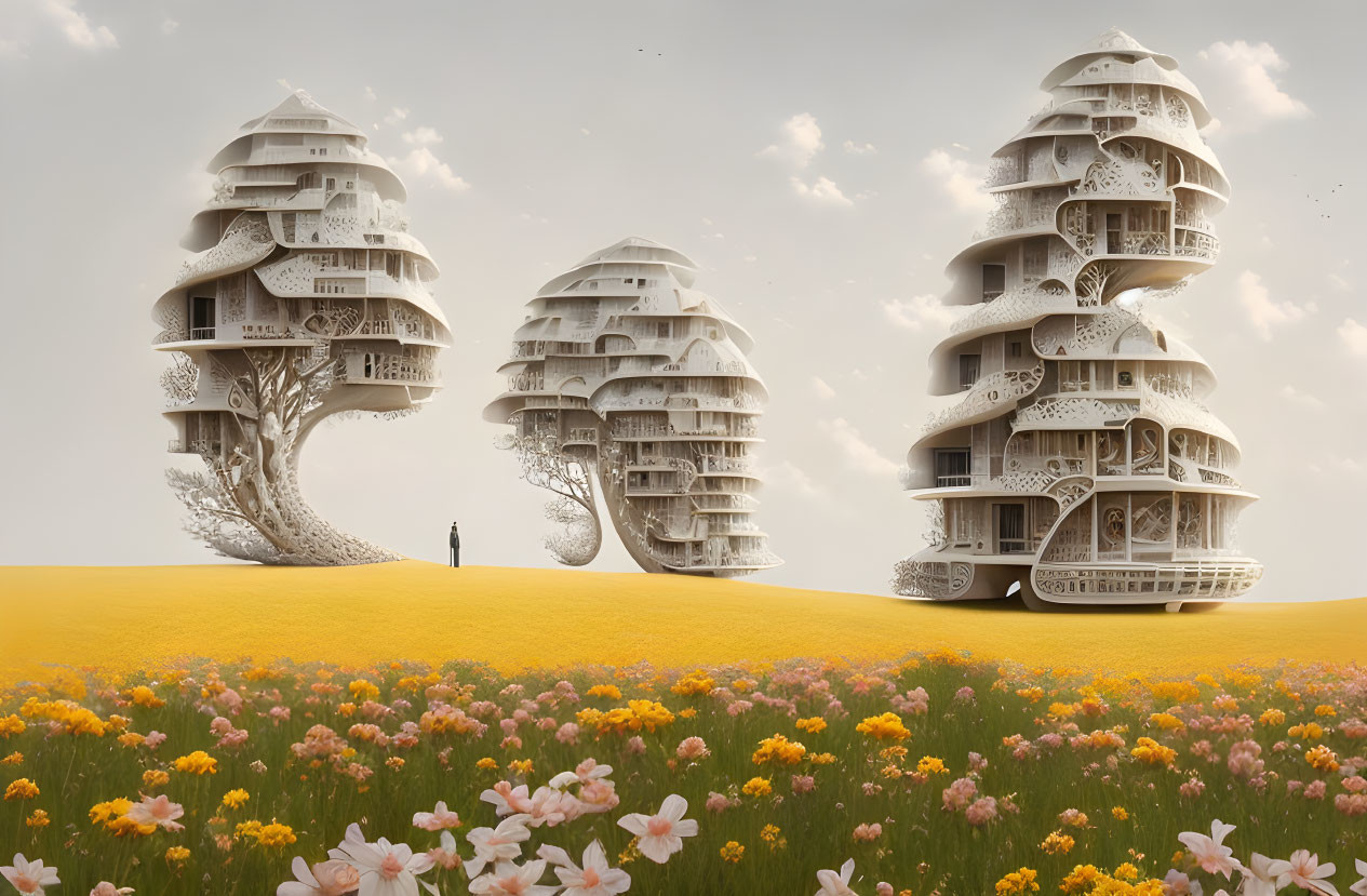 Surreal landscape with tree-like structures and figure on flowery field