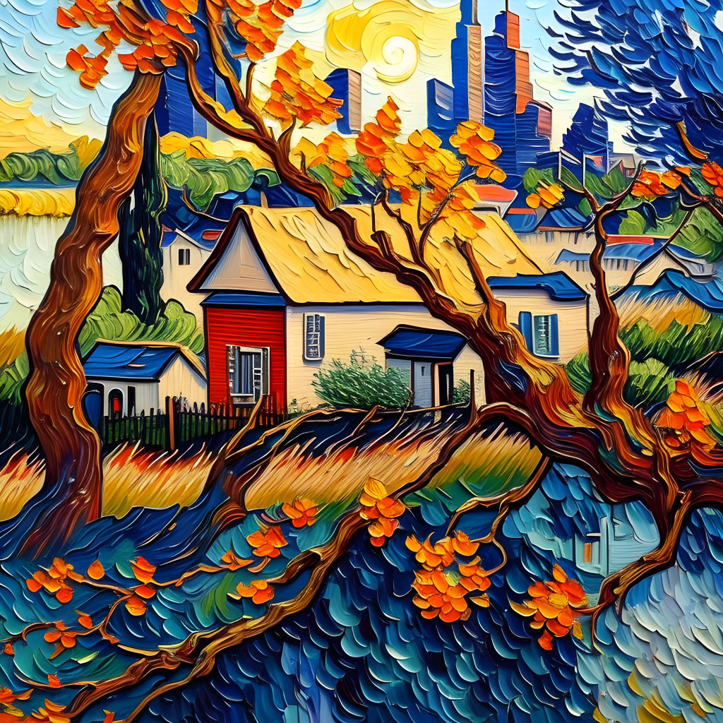 Colorful rural scene with autumn trees and yellow house in swirling brushstrokes