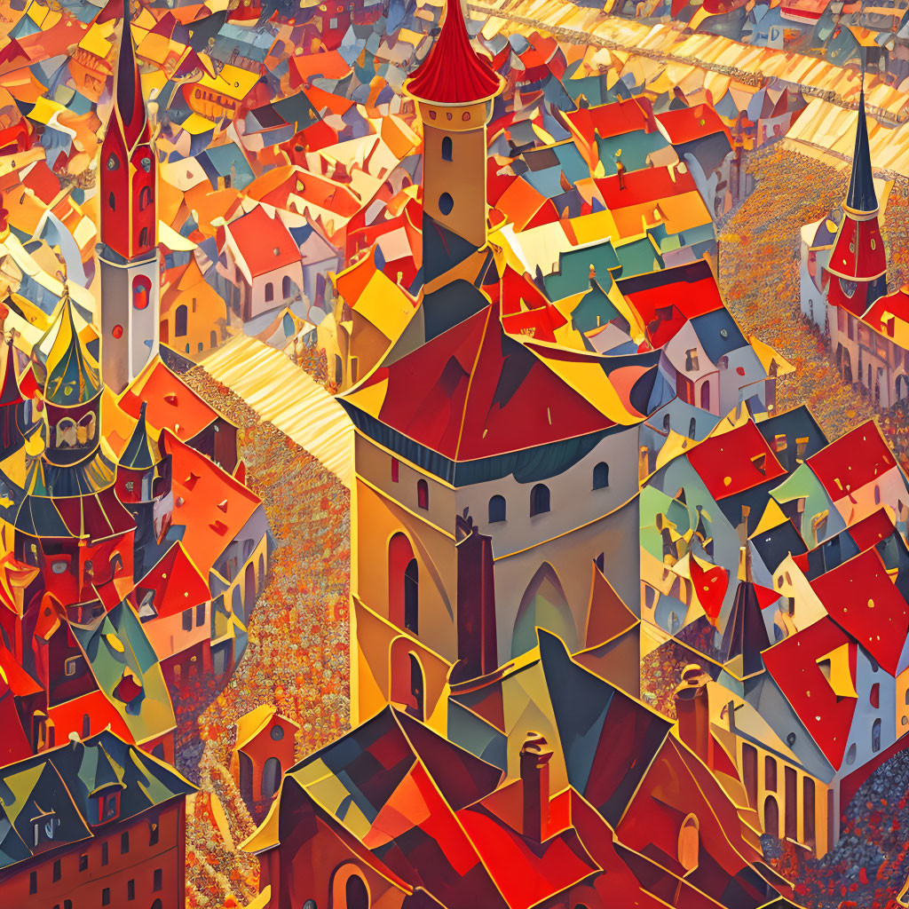 Vibrant painting of dense European town with spires in warm tones