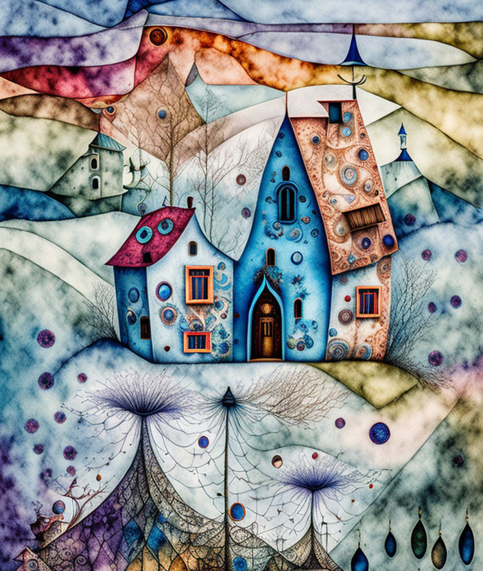 Whimsical fantasy illustration of vibrant houses, surreal trees, and floating orbs