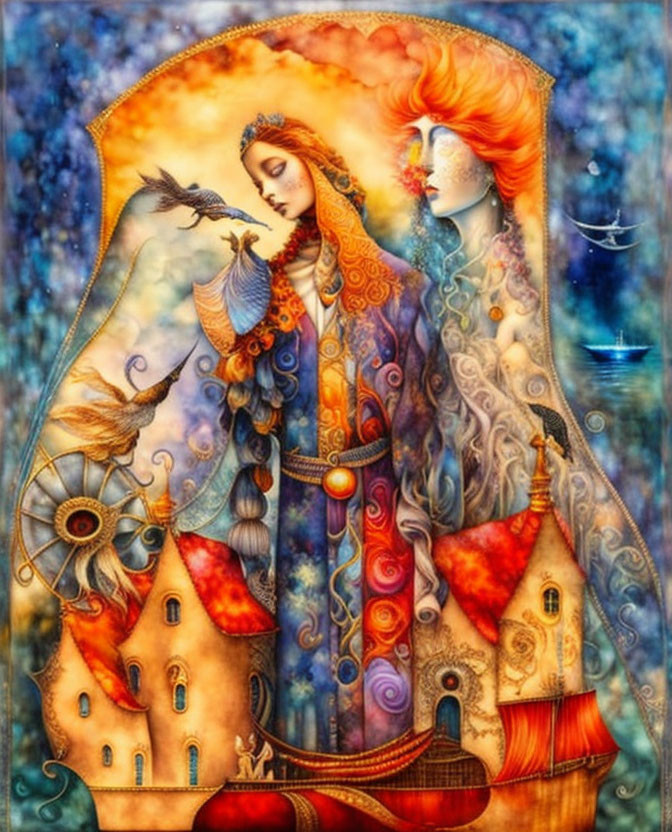 Colorful surreal painting: woman with flowing hair, boat, castle, celestial motifs