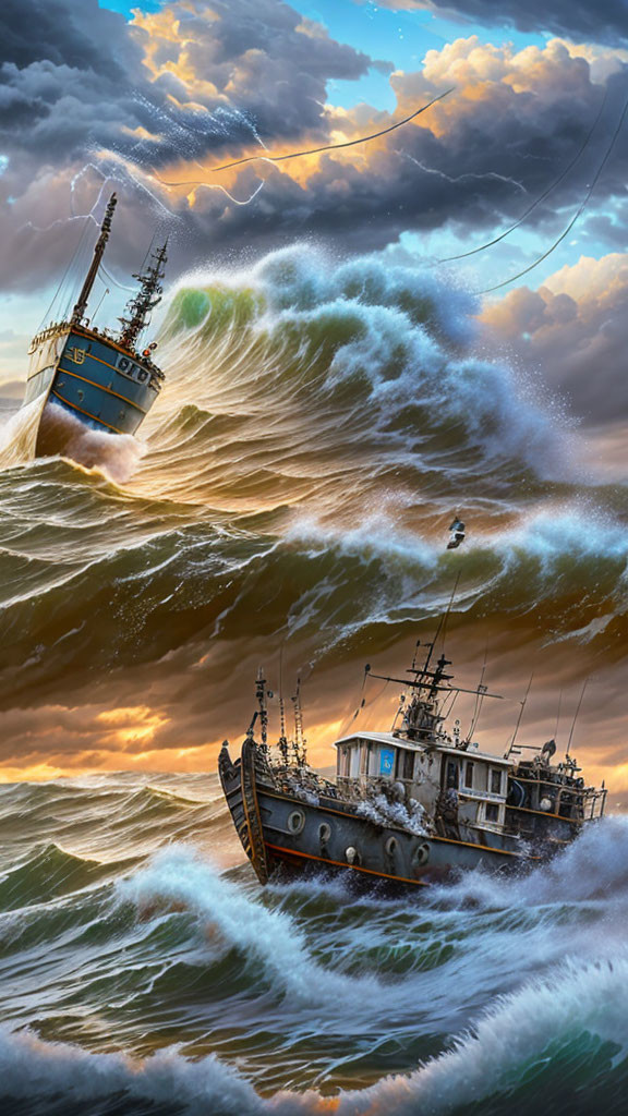 Stormy sky over fishing boat in massive waves