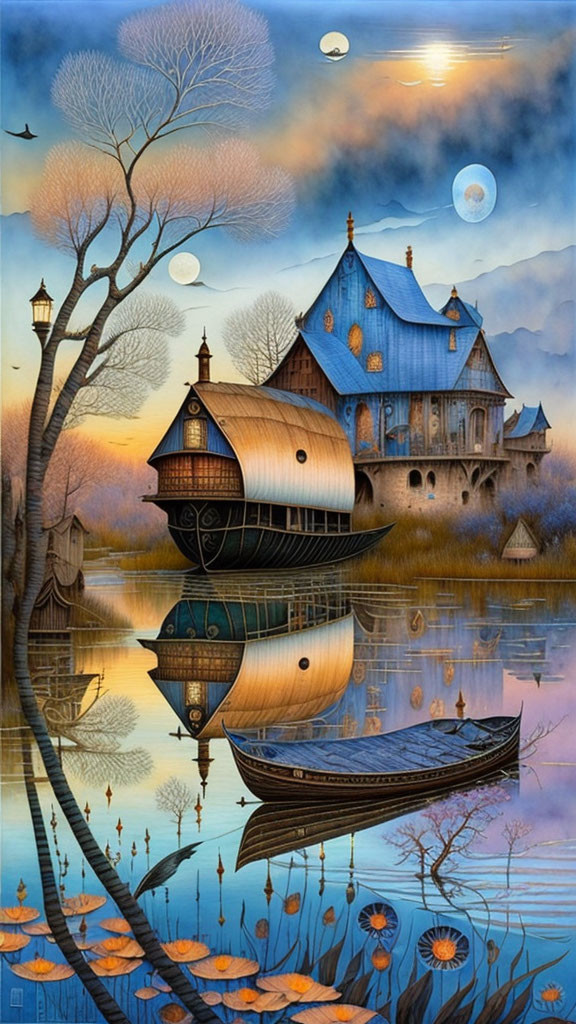 Fantasy Artwork: Serene lake, boat, whimsical houses, trees, twilight sky,