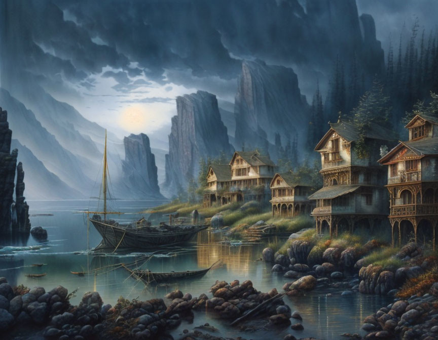 Serene twilight bay with wooden houses, sailboat, and misty cliffs