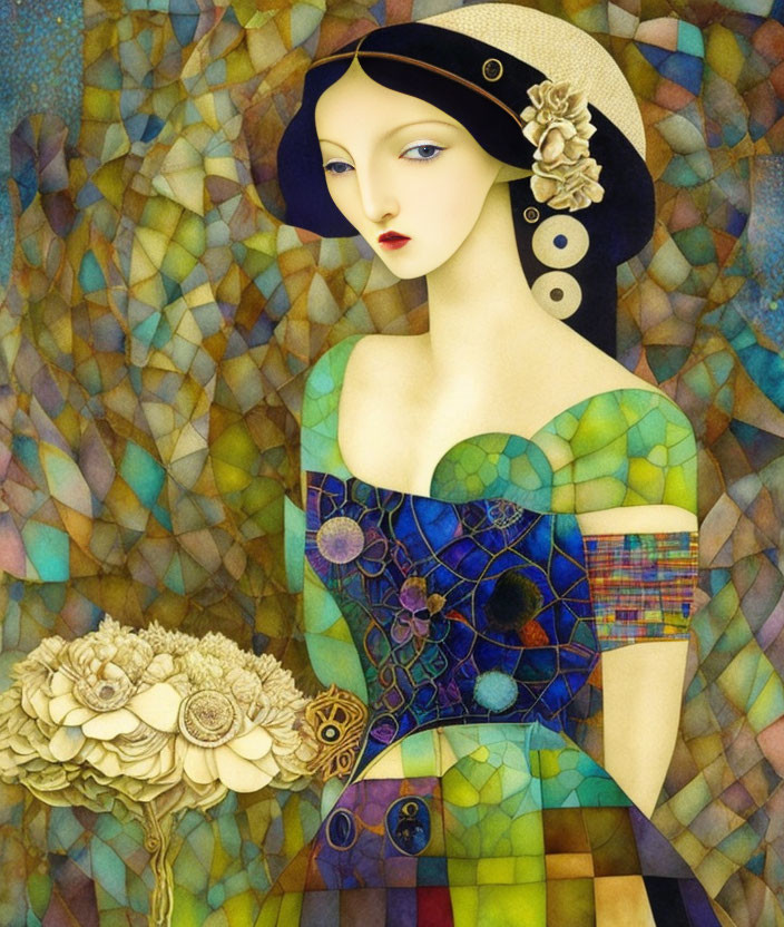 Vibrant painting of woman with mosaic dress and hat against textured background