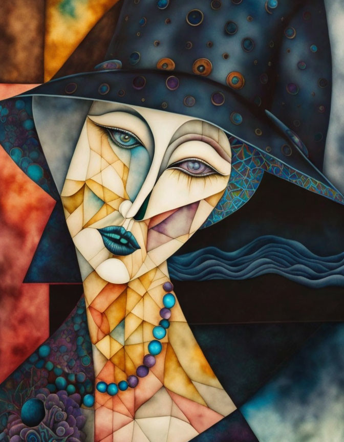 Colorful Cubist Painting of Face with Geometric Shapes & Hat