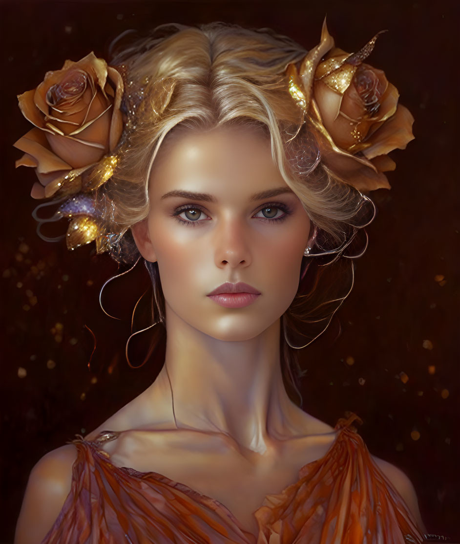 Elaborate Golden Headpiece and Amber Dress Portrait