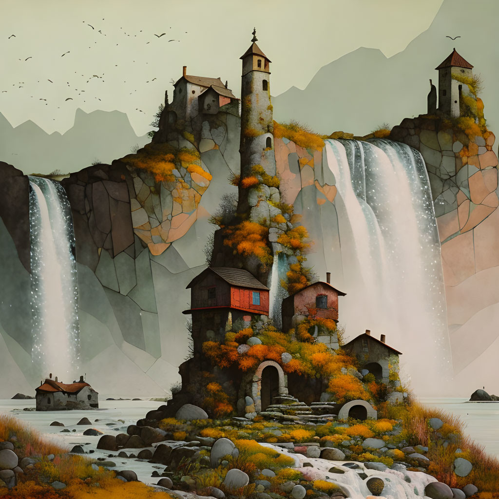 Rustic buildings on rocky outcrops with waterfalls, autumn trees, birds, and h