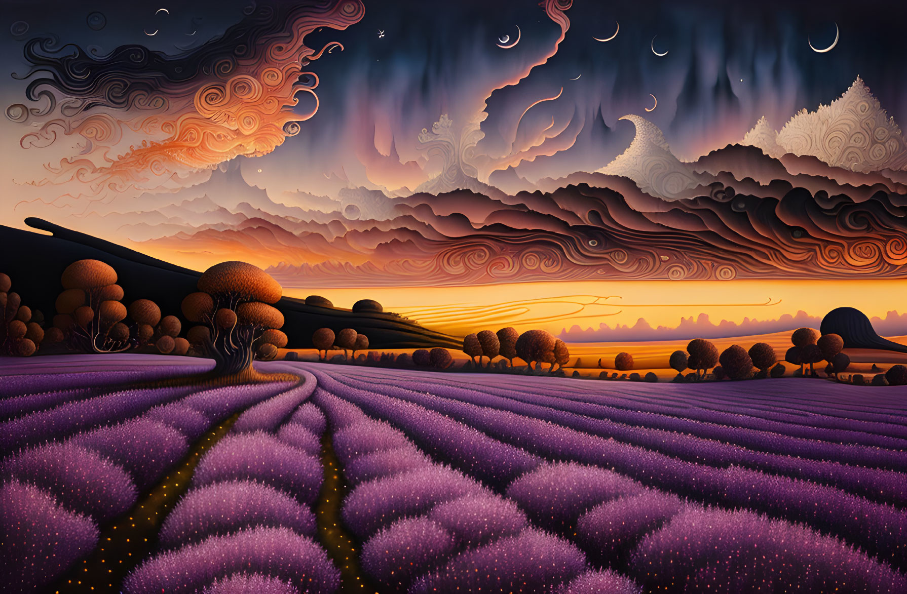 Vibrant surreal landscape with purple fields and whimsical trees