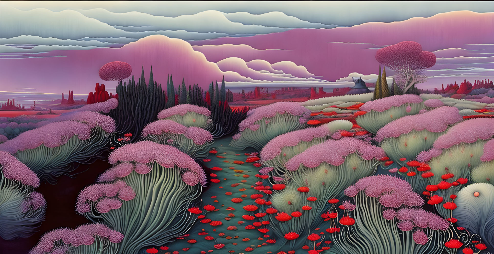 Pink and Purple Clouds Over Stylized Valley Landscape