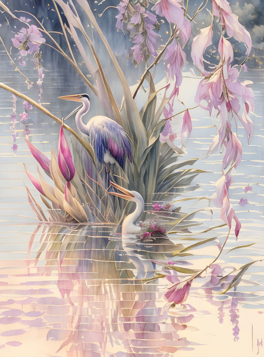 Tranquil painting of two herons in pink floral setting