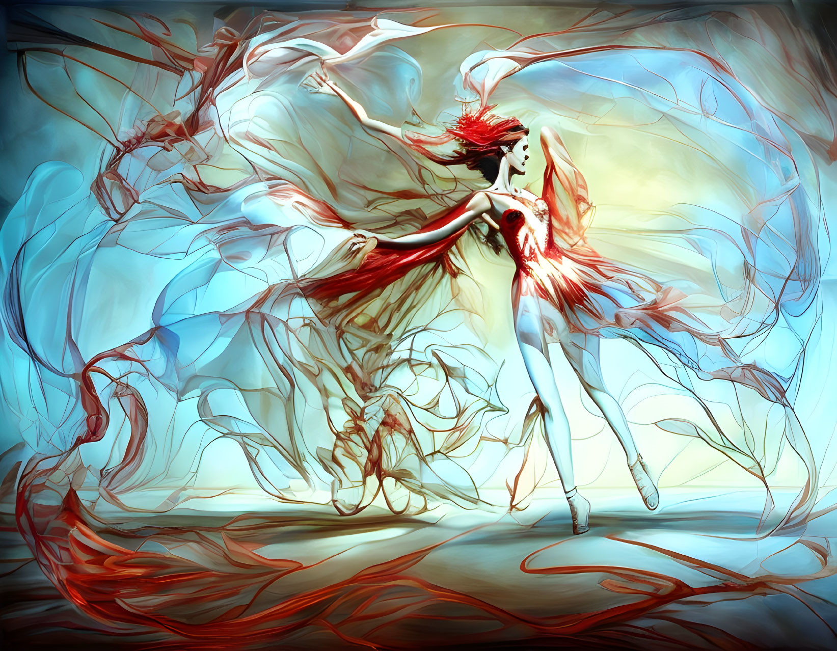 Ethereal figures with flowing red hair in dynamic colorful artwork