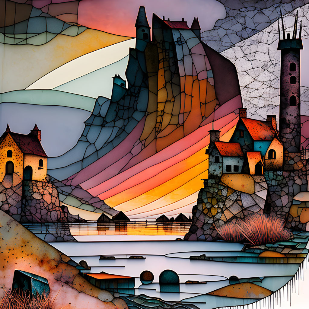 Colorful Stained-Glass Style Sunset Landscape with Houses, Castle, Lighthouse, and River