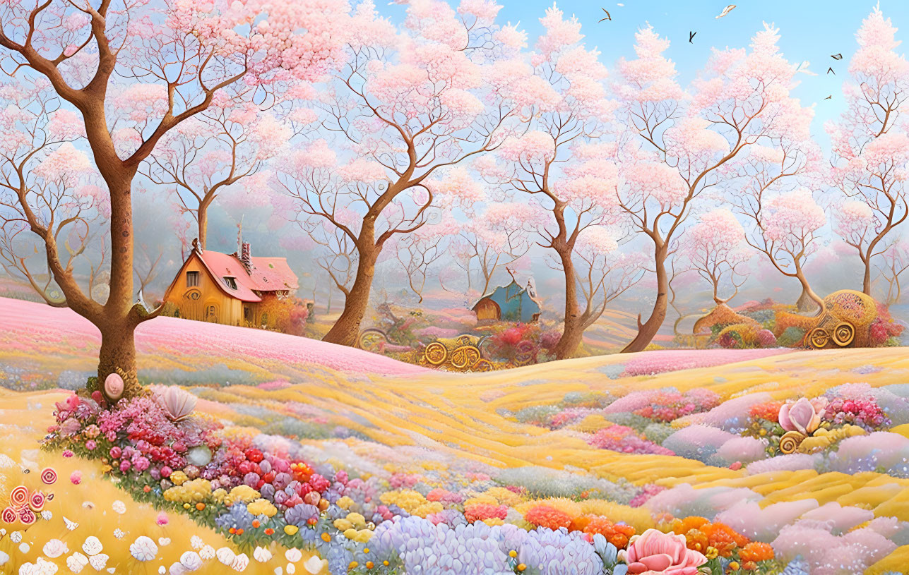 Colorful spring landscape with flowers, cherry blossoms, cottages, and birds