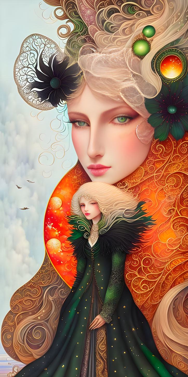 Illustration of Woman with Elaborate Hair Ornaments and Fiery Cloak against Sky with Birds