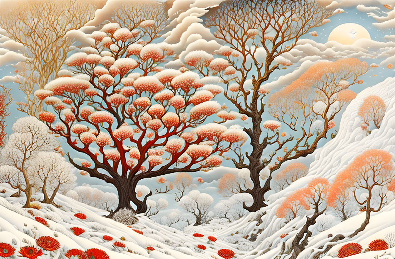 Surreal landscape with red foliage trees and snowy hills